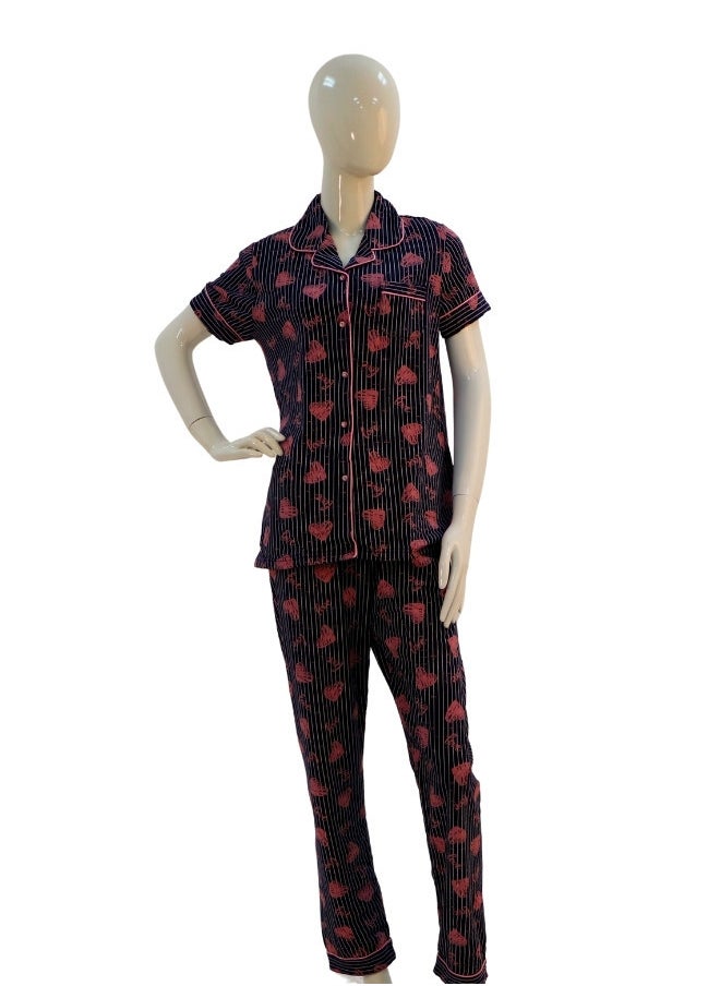 JOANNA - JOANNA Women's Hearts Design Button Down Short Sleeve Shirt & Long Pants Pajama Set, Black/Pink - Image 1