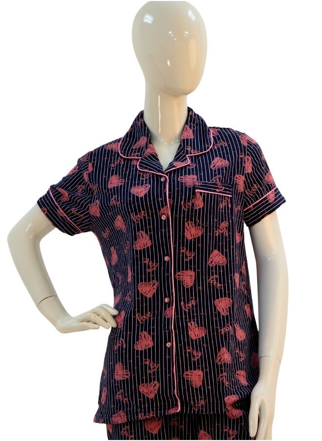 JOANNA - JOANNA Women's Hearts Design Button Down Short Sleeve Shirt & Long Pants Pajama Set, Black/Pink - Image 1
