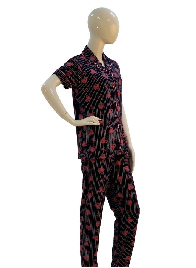 JOANNA - JOANNA Women's Hearts Design Button Down Short Sleeve Shirt & Long Pants Pajama Set, Black/Pink - Image 1
