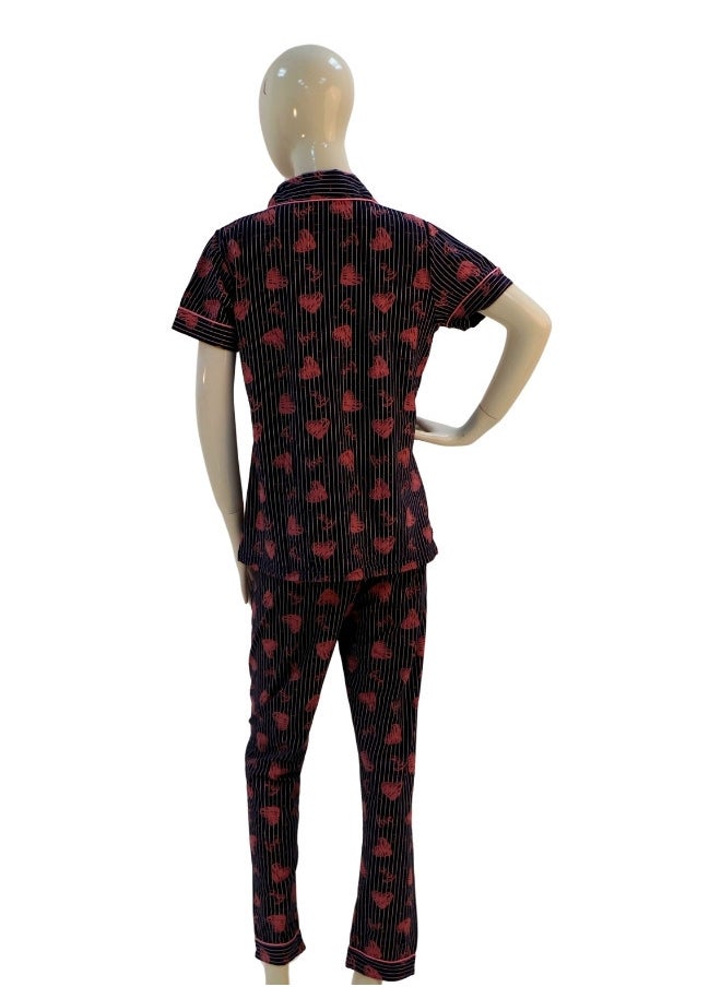 JOANNA - JOANNA Women's Hearts Design Button Down Short Sleeve Shirt & Long Pants Pajama Set, Black/Pink - Image 1
