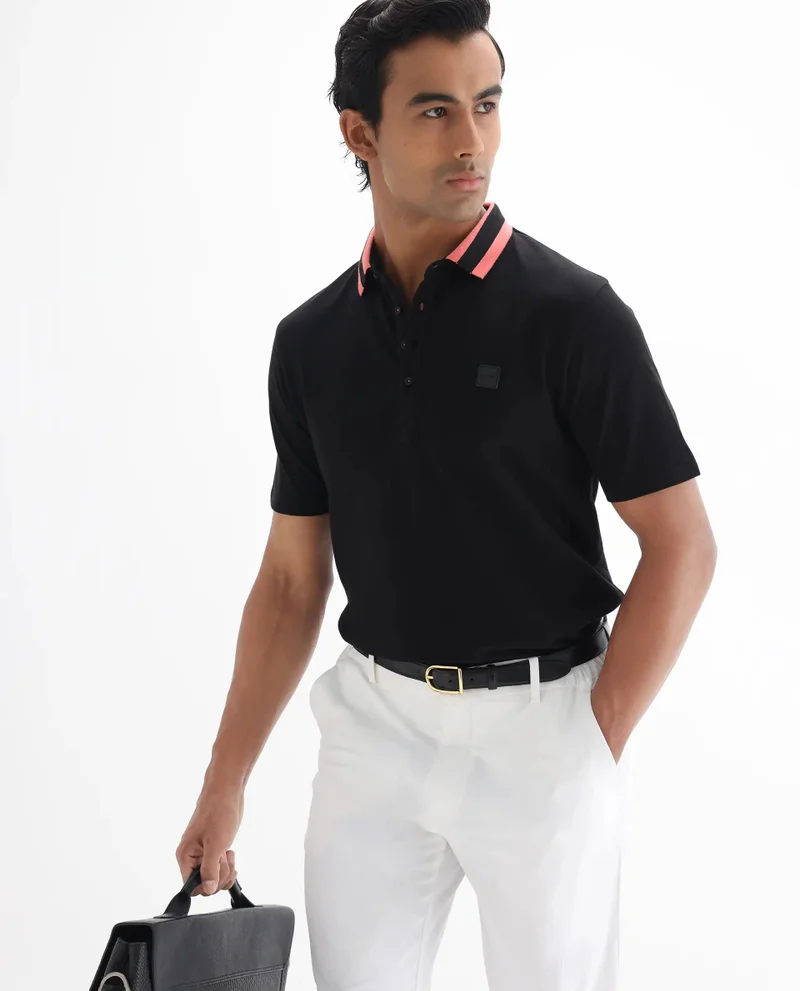 Rare Rabbit Rare Rabbit Men's Divide Black Cotton Fabric Striped Collar Half Sleeves Polo T-Shirt