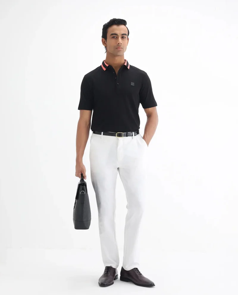 Rare Rabbit Rare Rabbit Men's Divide Black Cotton Fabric Striped Collar Half Sleeves Polo T-Shirt