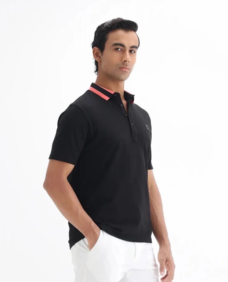 Rare Rabbit Rare Rabbit Men's Divide Black Cotton Fabric Striped Collar Half Sleeves Polo T-Shirt