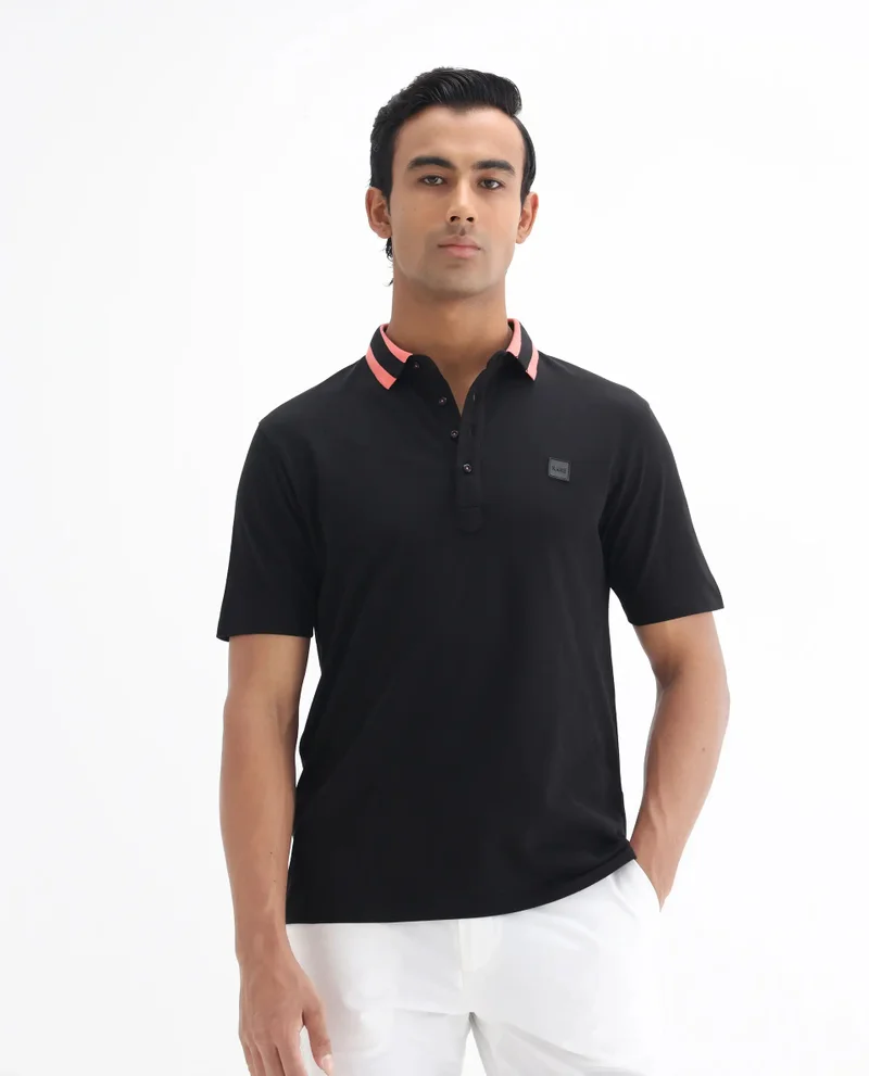 Rare Rabbit Rare Rabbit Men's Divide Black Cotton Fabric Striped Collar Half Sleeves Polo T-Shirt