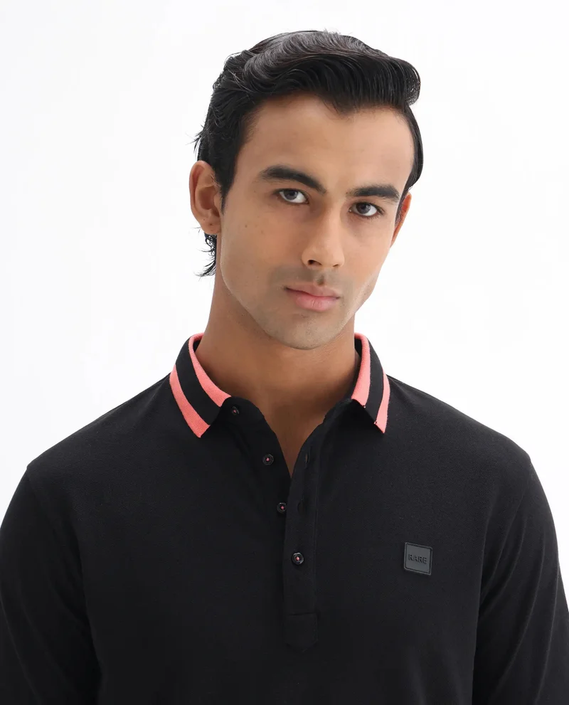 Rare Rabbit Rare Rabbit Men's Divide Black Cotton Fabric Striped Collar Half Sleeves Polo T-Shirt
