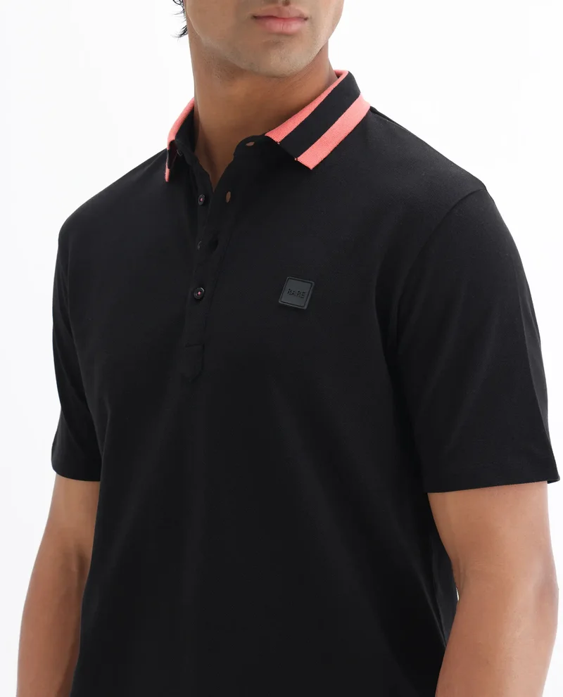 Rare Rabbit Rare Rabbit Men's Divide Black Cotton Fabric Striped Collar Half Sleeves Polo T-Shirt