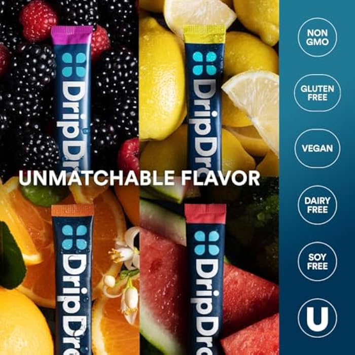 DripDrop Hydration Packets - Bold Variety Pack - Single Serve Electrolytes Powder Drink Mix - Watermelon, Berry, Lemon, Orange - Non-GMO, Gluten Free, Vegan - 16 Sticks - Image 5