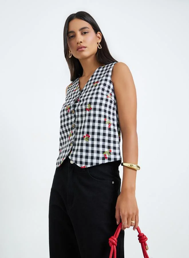 Styli Black Gingham Sleeveless Waistcoat