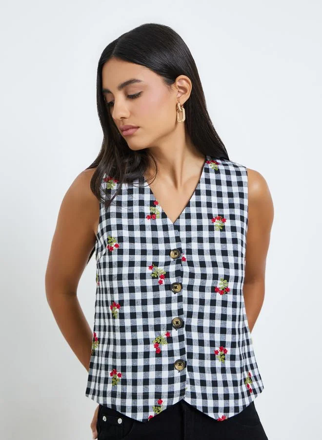 Black Gingham Sleeveless Waistcoat