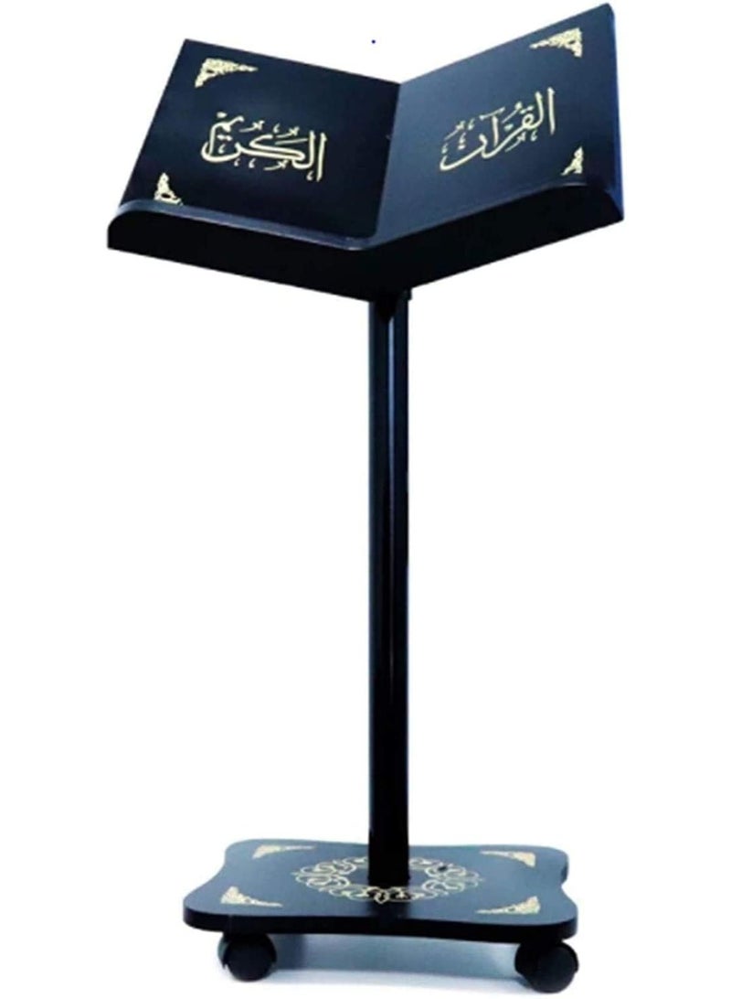 سندس حامل مصحف خشبي قابل للتعديل بعجلات - حامل كتب إسلامية متحرك وخفيف الوزن، ارتفاع قابل للتعديل حتى 135 سم، لوحة قراءة عريضة - أسود - Image 1