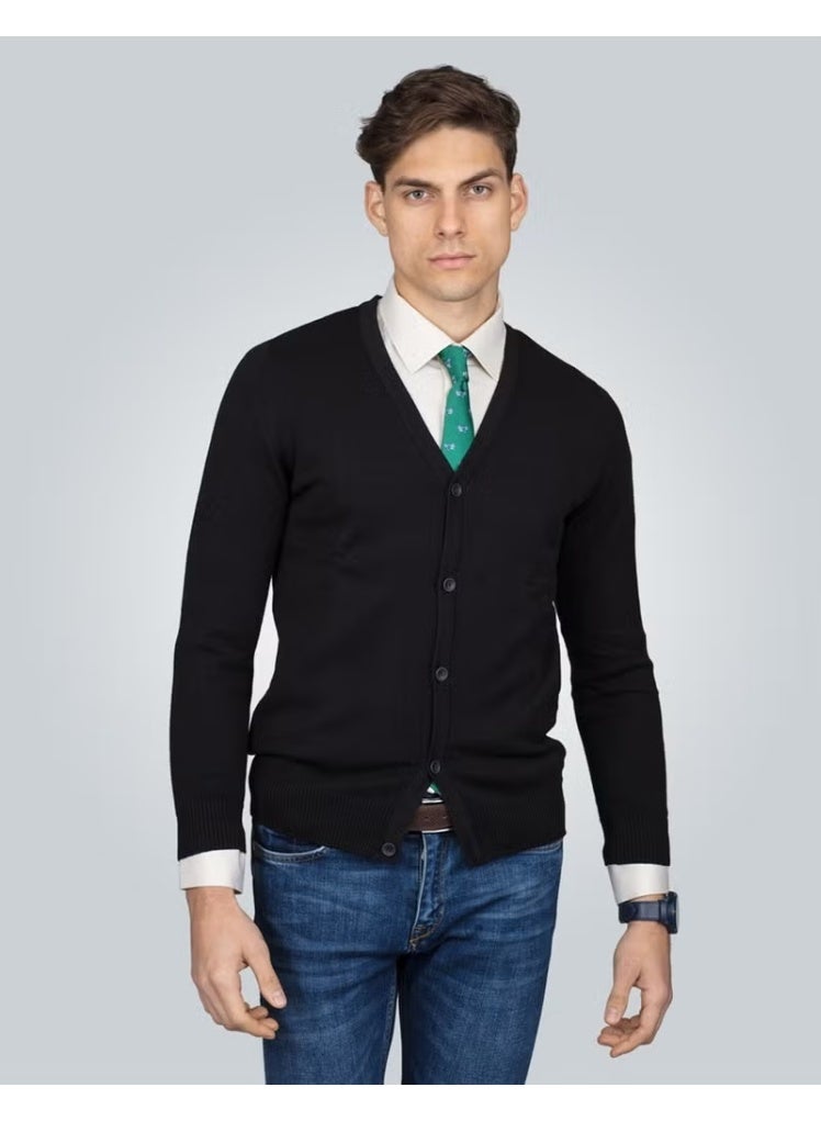 Tudors V-Neck Black Basic Cotton Men's Cardigan - Image 1