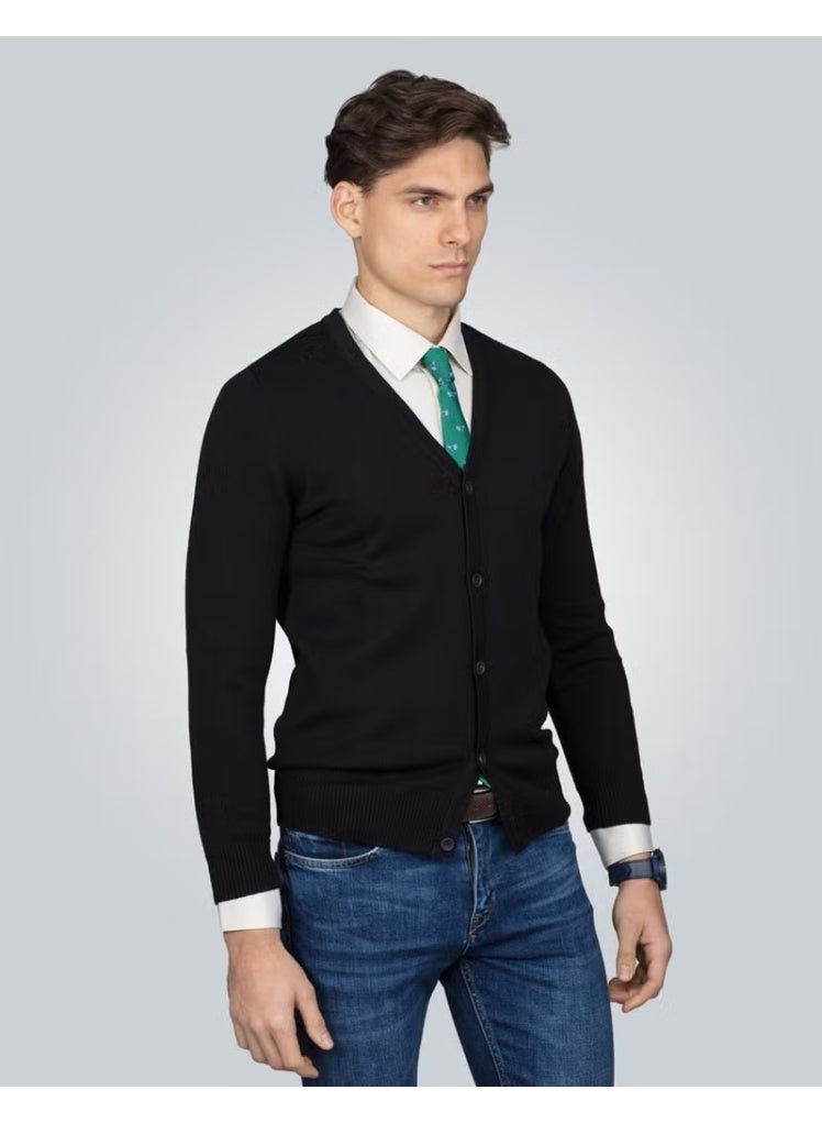 Tudors V-Neck Black Basic Cotton Men's Cardigan - Image 2