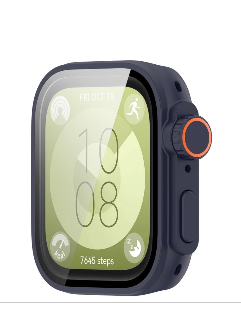 Full Coverage Case with Screen Protector Compatible with Huawei Watch Fit 3 PC and Real Glass Protective Case Cover Smart Watch Accessories(PC/Midnight Blue) - Image 1