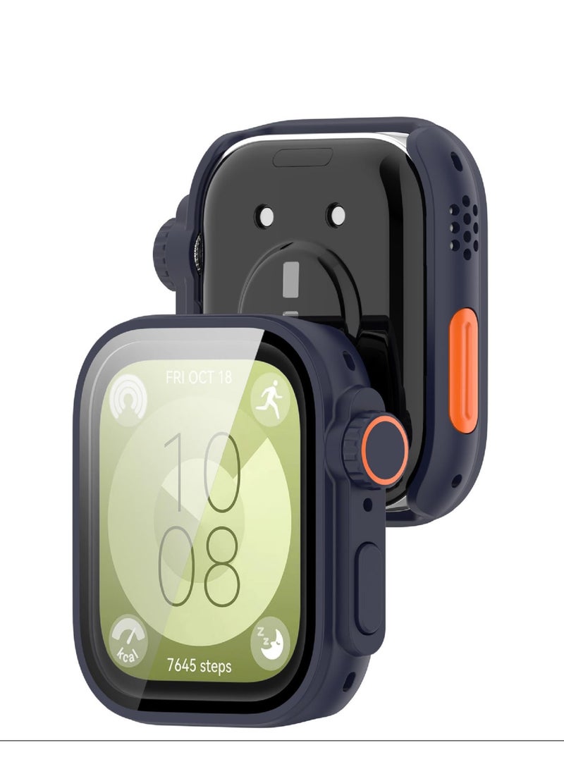 Full Coverage Case with Screen Protector Compatible with Huawei Watch Fit 3 PC and Real Glass Protective Case Cover Smart Watch Accessories(PC/Midnight Blue) - Image 3