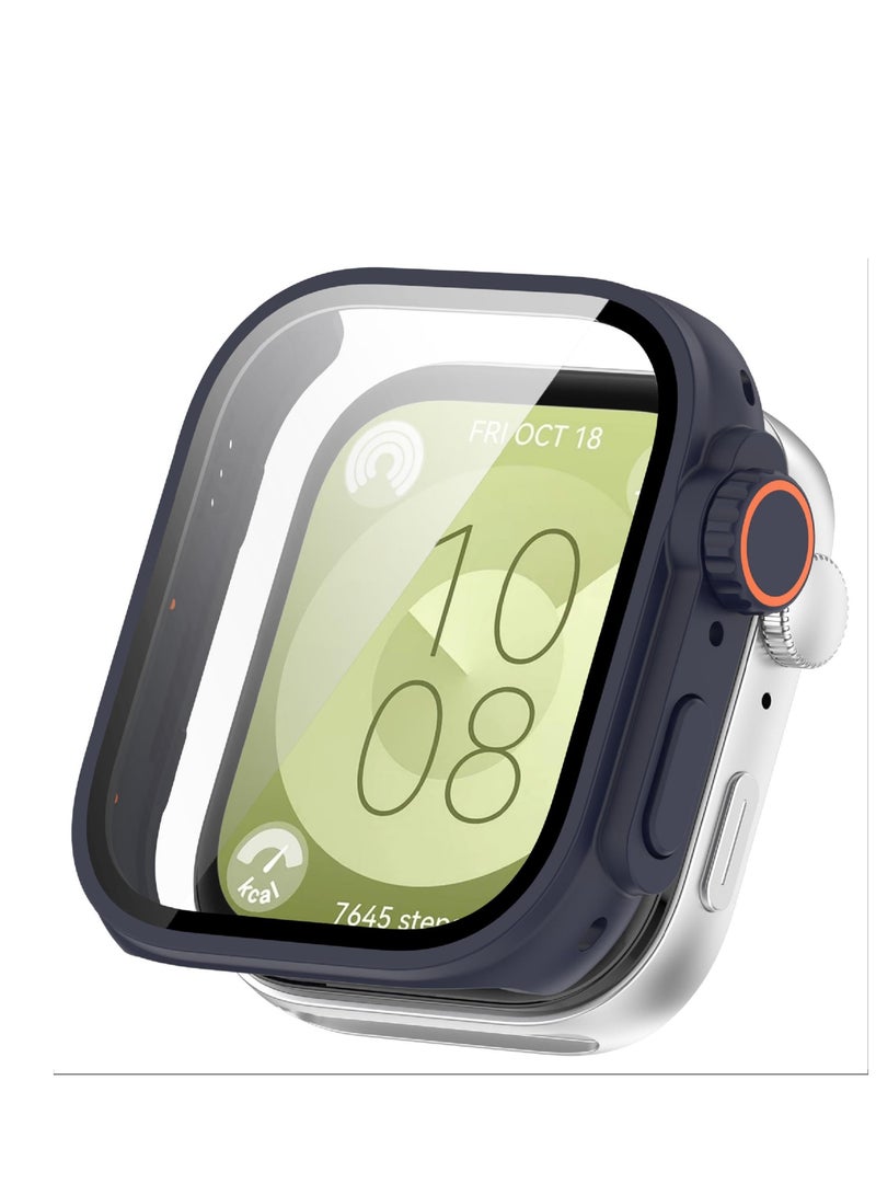 Full Coverage Case with Screen Protector Compatible with Huawei Watch Fit 3 PC and Real Glass Protective Case Cover Smart Watch Accessories(PC/Midnight Blue) - Image 4