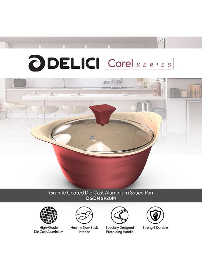 DELICI Aluminium Sauce Pan with Tempered Glass Lid – 20 cm, Granite Coated Die Cast, Stay Cool Bakelite Knob, Non-Stick Interior, Scratch & Abrasion Resistant, Oven Safe, Dishwasher Safe - Image 2