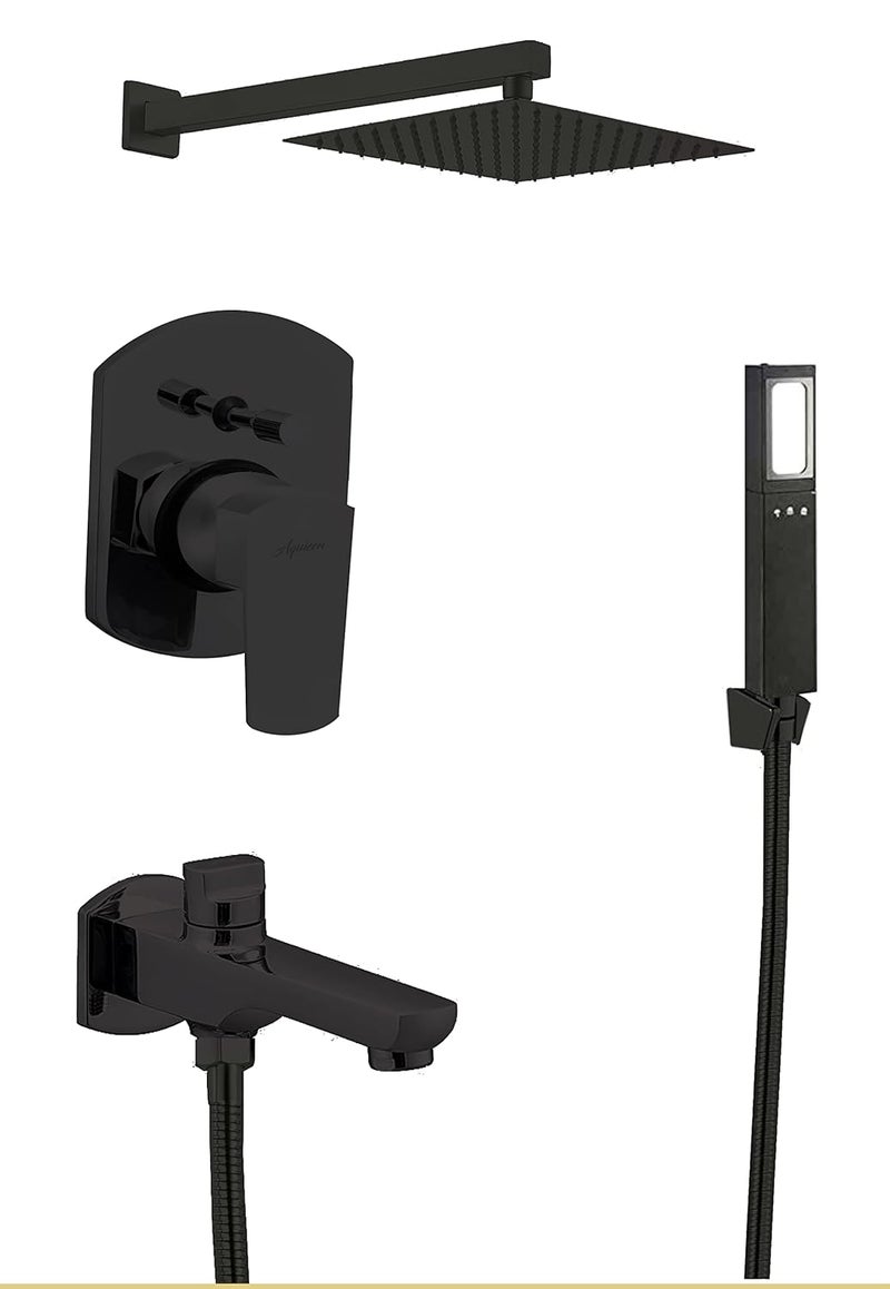 Aquieen Aquieen Wall Mounted Hi Flow Diverter Body with 8 Shower Spout Hand Shower Hook Tube PVD Black Zura Diverter Set Black Brass Chrome - Image 1
