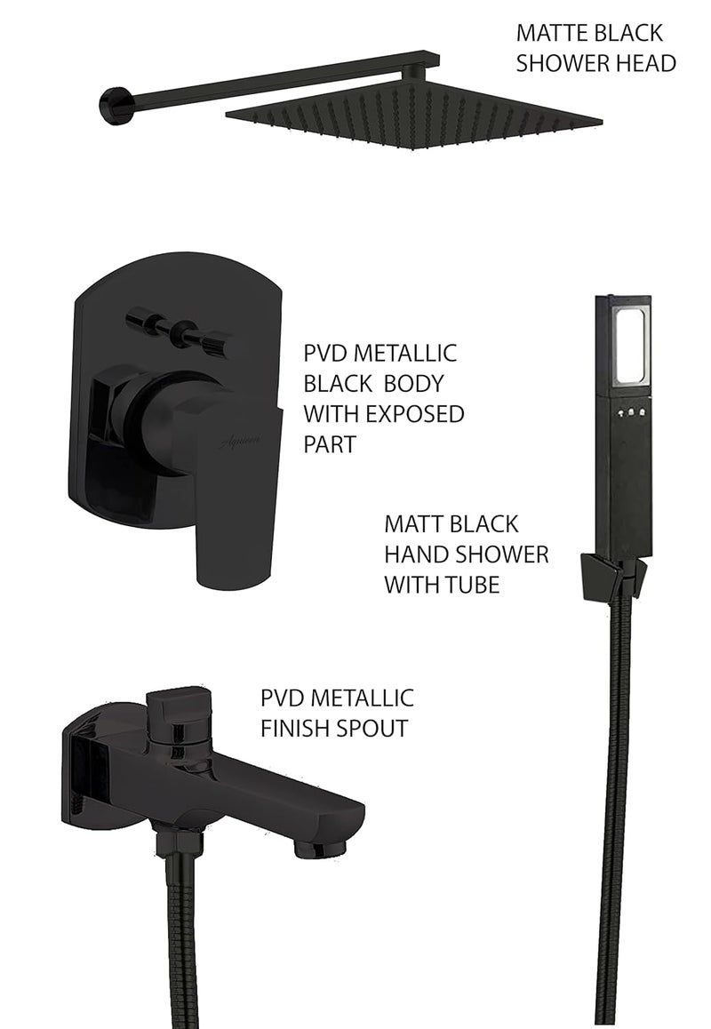 Aquieen Aquieen Wall Mounted Hi Flow Diverter Body with 8 Shower Spout Hand Shower Hook Tube PVD Black Zura Diverter Set Black Brass Chrome - Image 2