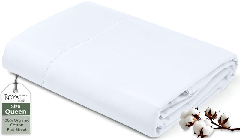 Royale Linens 100% Organic Cotton Queen Flat Sheet Only - Super Soft - Percale Top Sheets - Queen Flat Sheet Sold Separately - Breathable, Cool & Crisp White Sheets Only (90" x 102", White) - Image 1
