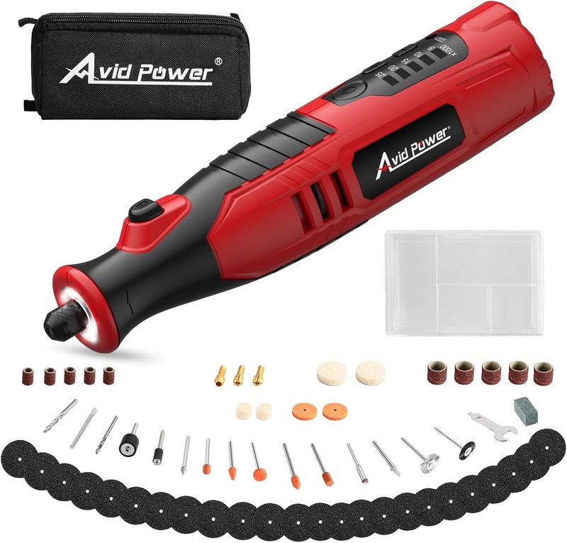 AVID POWER Cordless Rotary Tool 2.0 Ah 8V Rechargeable Rotary Tool, 4 Front LED Lights, 5 Speeds, 60 Pcs Rotary Accessories with Bag for Carving, Engraving, Sanding, Polishing and Cutting - Red - Image 1