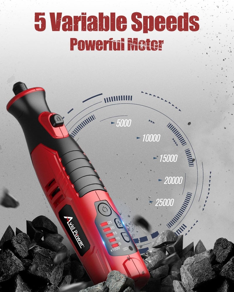 AVID POWER Cordless Rotary Tool 2.0 Ah 8V Rechargeable Rotary Tool, 4 Front LED Lights, 5 Speeds, 60 Pcs Rotary Accessories with Bag for Carving, Engraving, Sanding, Polishing and Cutting - Red - Image 3