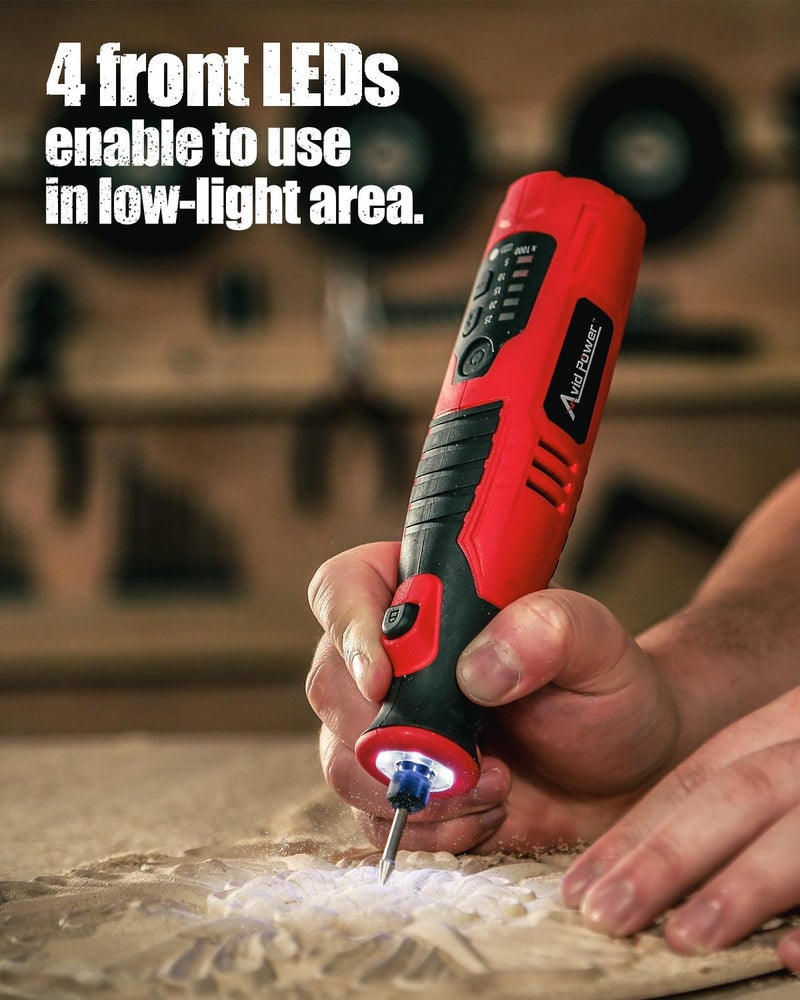 AVID POWER Cordless Rotary Tool 2.0 Ah 8V Rechargeable Rotary Tool, 4 Front LED Lights, 5 Speeds, 60 Pcs Rotary Accessories with Bag for Carving, Engraving, Sanding, Polishing and Cutting - Red - Image 5