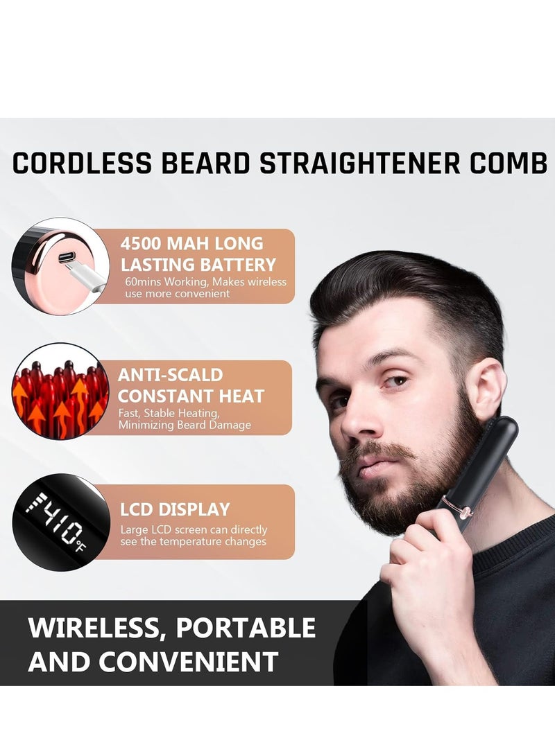 Cordless Beard Straightener Comb & Hair Straightener Brush for Men or Women, 15S Fast Heat up, Anti-Scald, 4 Tem Display, Auto Off, Portable Hair Straightening Comb for Travel (Black) - Image 2