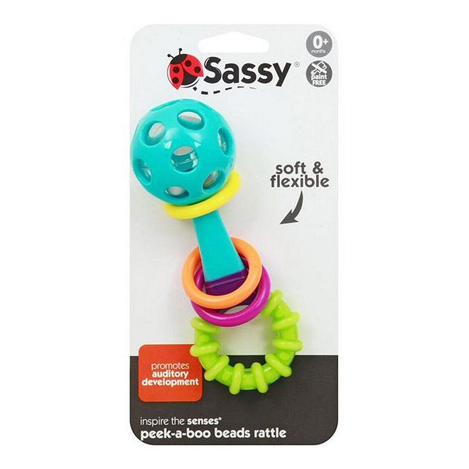 Sassy Peek A Boo Beads Rattle for Babies 0-12 Months, Textured Handle, Click-Clack Rings, Vision & Auditory Stimulation, 5.5x5x15cm - Image 2