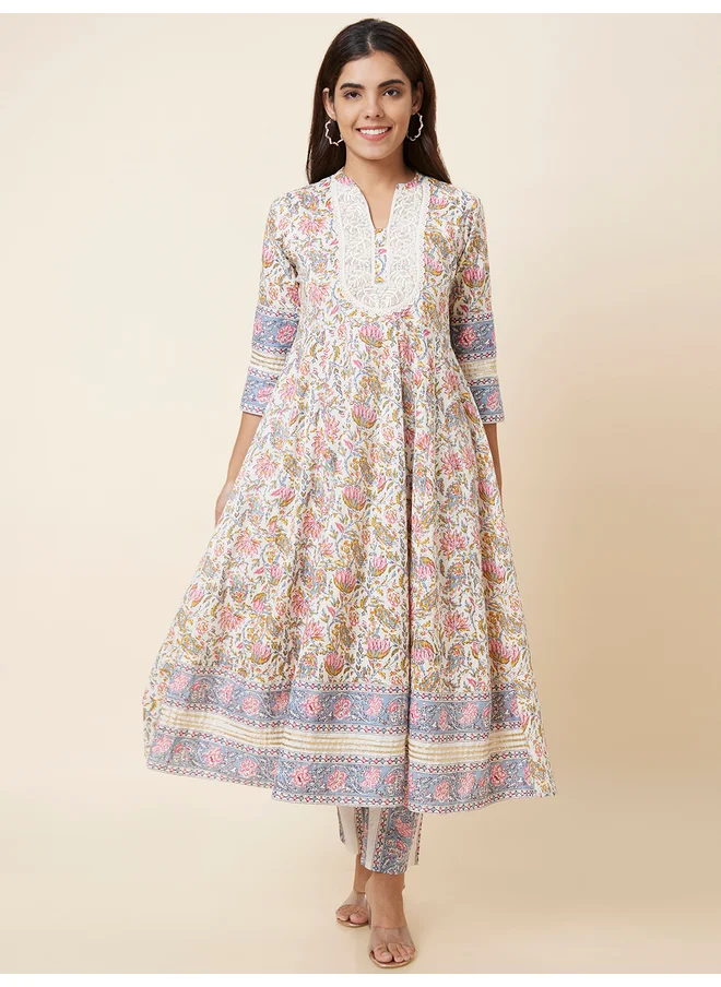 globus Globus Embroidered Printed Anarkali Kurta with Trousers Set