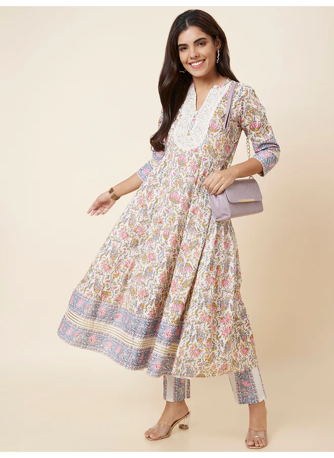 globus Globus Embroidered Printed Anarkali Kurta with Trousers Set