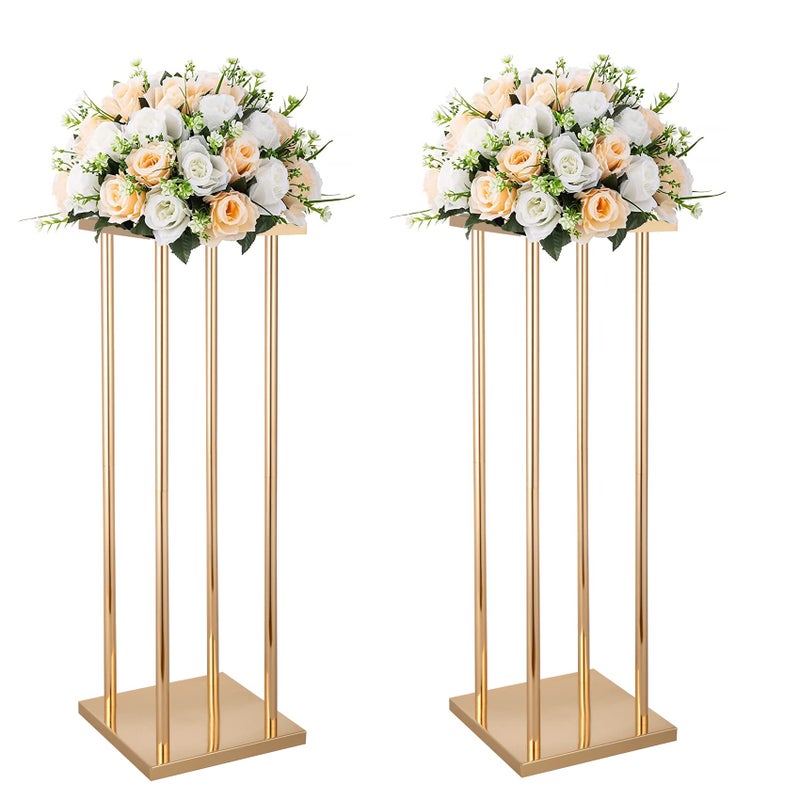 Bigsee 2pcs Gold Wedding Centerpieces Column Vases for Tables Geometric Metal Flower Stand  236 Inch Tall Floor Vase Rectangle Flower Holder for Wedding Party Table Decorations