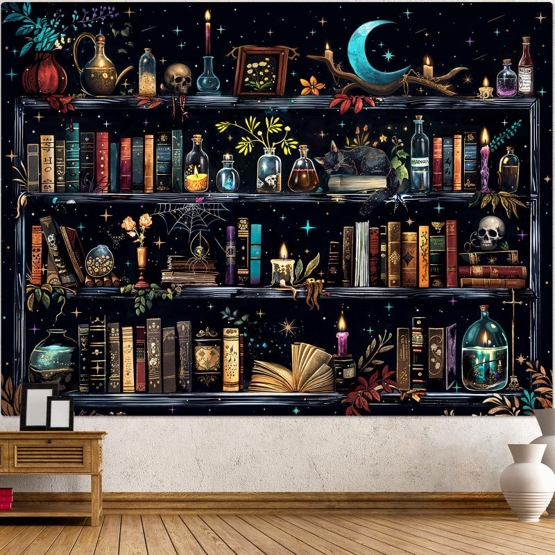 Accnicc Magic Bookshelf Tapestry Magical Witchy Potion Dark Hippie Haloween Tapestries Wall Hanging Gothic Skull Black Cat Library Book Tapestry for Bedroom Living Room Dorm 80 x 60 inch - Image 1