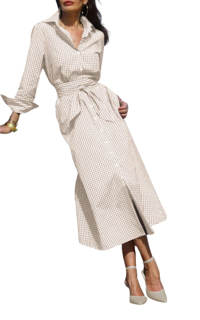 ebossy Women's Cotton Shirt Dress Casual Retro Lapel Long Sleeve Button Down Belted Plaid Maxi Dress with Pockets (X-Large, Khaki) - Image 1