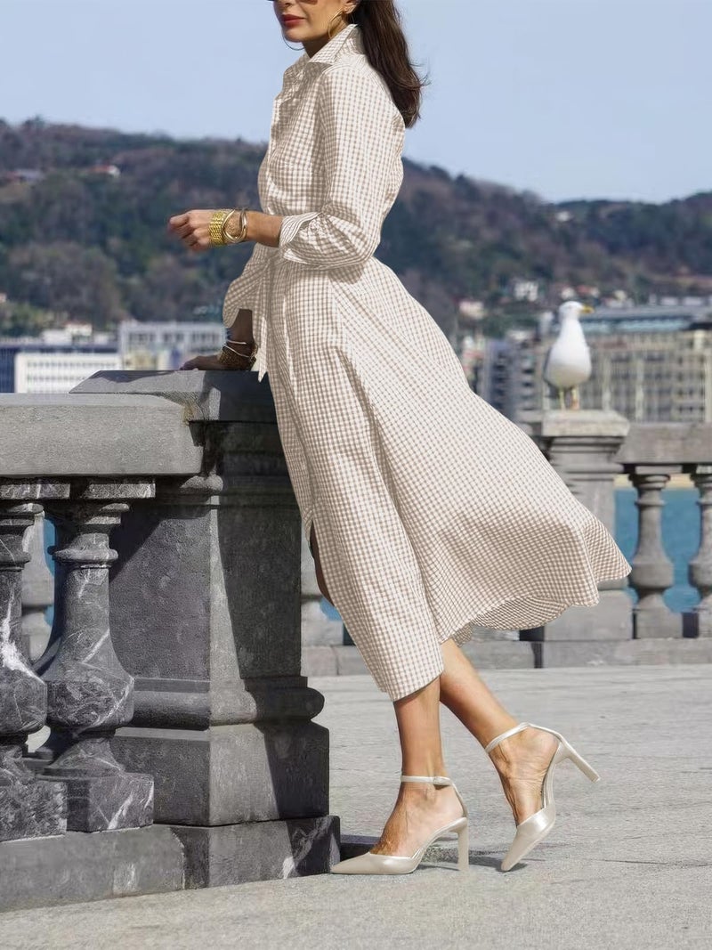ebossy Women's Cotton Shirt Dress Casual Retro Lapel Long Sleeve Button Down Belted Plaid Maxi Dress with Pockets (X-Large, Khaki) - Image 3