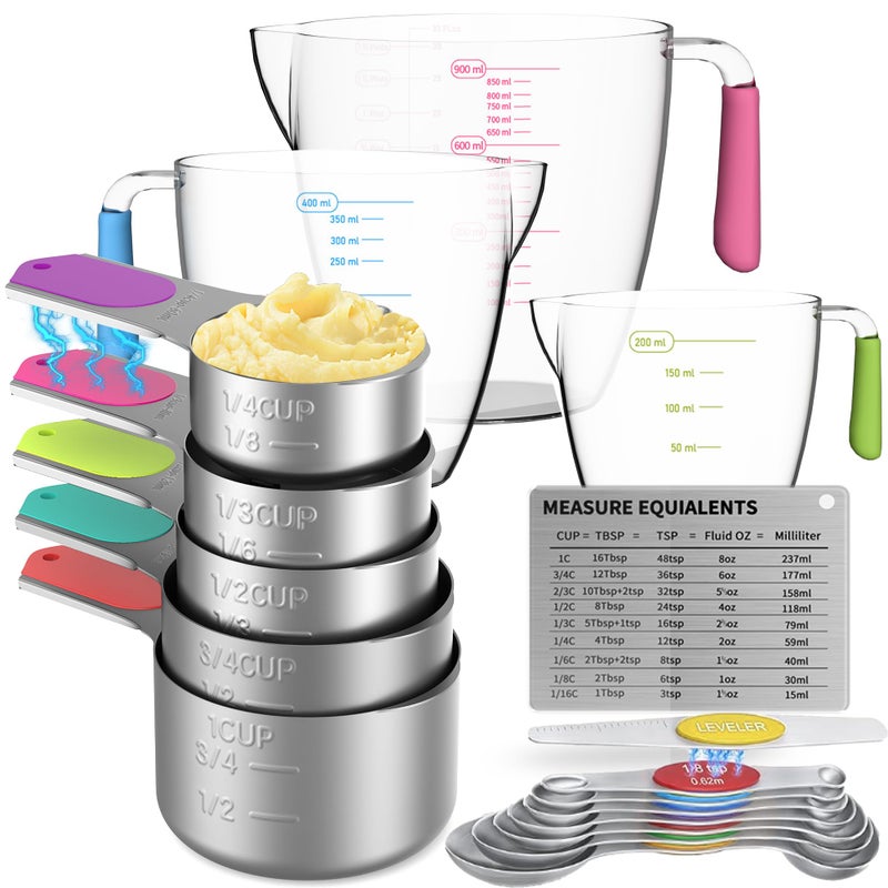 Minteem Magnetic Measuring Cups and Spoons Set, 5 Stainless Steel Measuring Cups for Dry and Liquid Ingredients, 7 Magnetic Measuring Spoons, 3 Plastic Measuring Cup with 1 Measuring Conversion Chart - Image 1