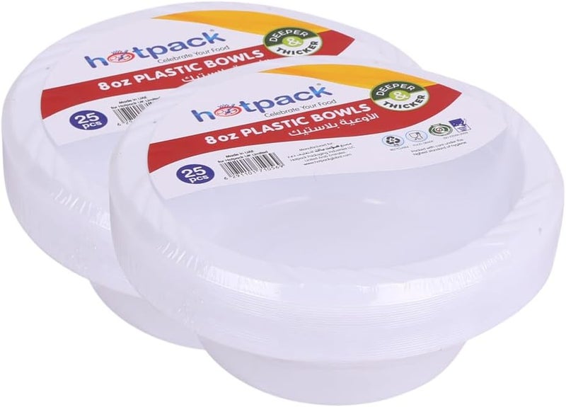Hotpack Disposable Food Serving White Plastic Bowl 8 ounce, 25-Pieces Pack of 2