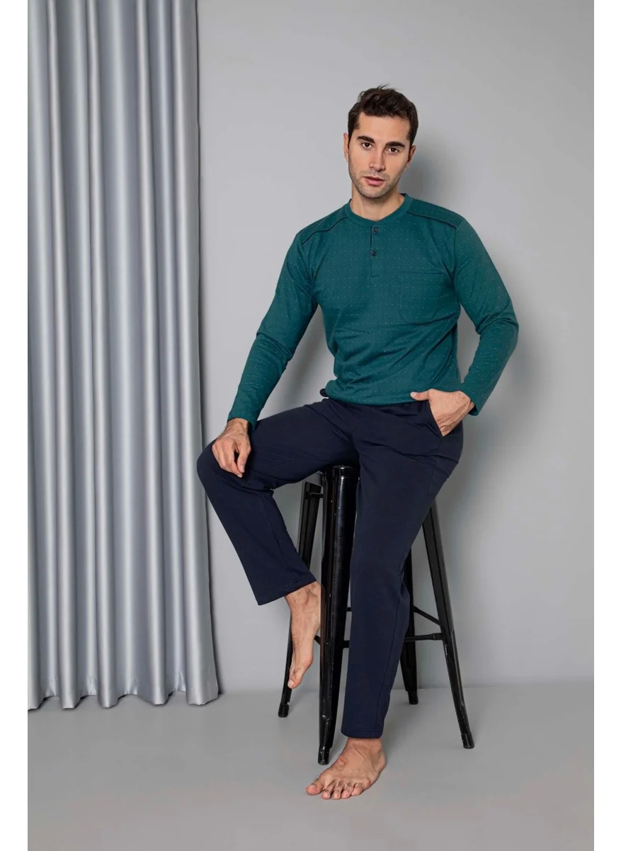Bie'S Men's 3 Button Chest Pocket 100% Cotton 2 Yarn Winter Pocket Long Sleeve Pajama Set