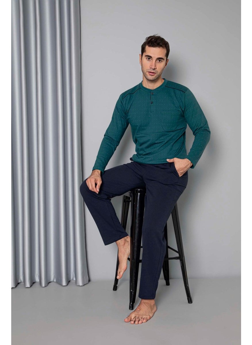 Bie's Men's 3 Button Chest Pocket 100% Cotton 2 Yarn Winter Pocket Long Sleeve Pajama Set  - Image 2
