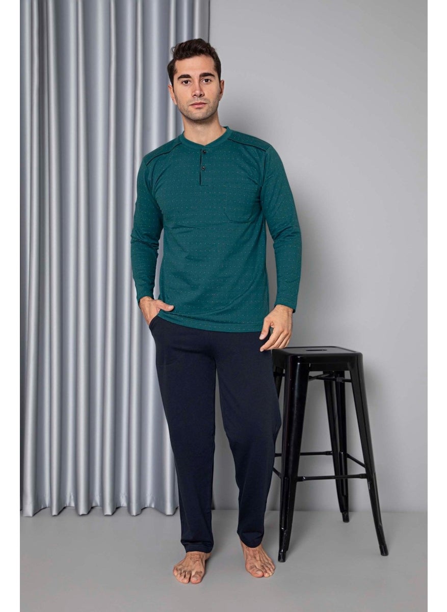 Bie's Men's 3 Button Chest Pocket 100% Cotton 2 Yarn Winter Pocket Long Sleeve Pajama Set  - Image 1