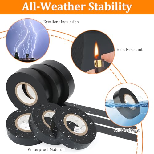 Okxiri 6 Pack Black Electrical Tape, 66 Ft Waterproof Electric Tape Black High Temperature for Repairs, Adhesive, Insulating Electrical Tape for Home Outdoor, Electrical Tools and Accessories - Image 5