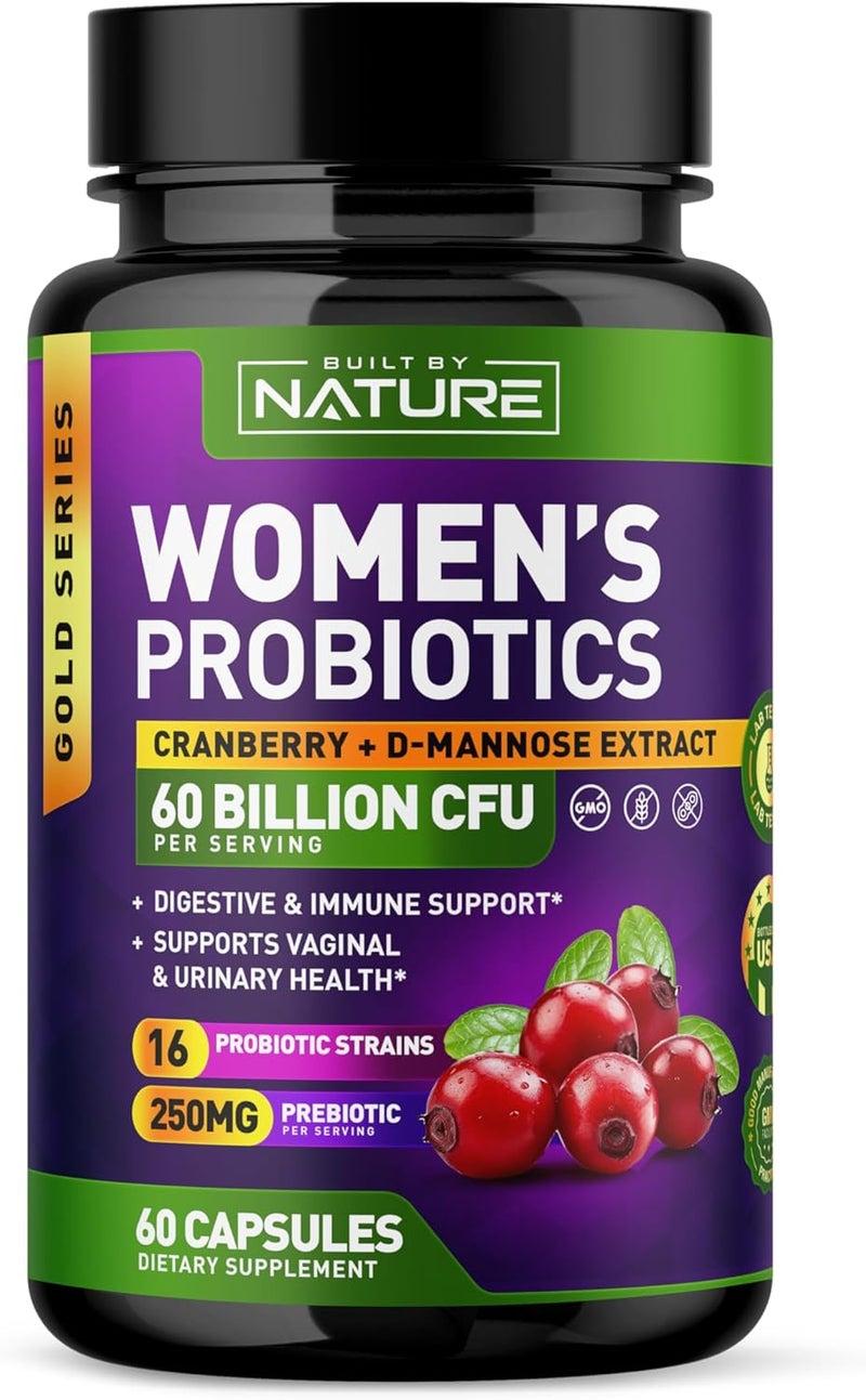 Built By Nature بروبيوتيك للنساء 60 مليار CFUs 16 سلالة مع توت بري DMannose بروبيوتيك تدعم صحة الجهاز الهضمي المناعي والصحة المهبلية خالية من الكائنات المعدلة وراثيًا خالية من الغلوتين 60 كبسولة نباتية - Image 1