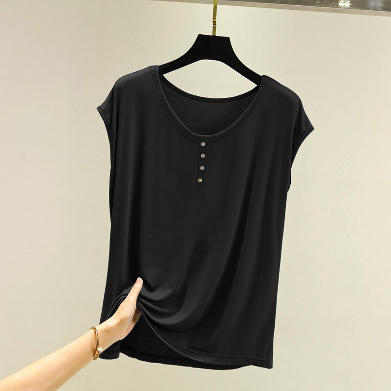 Sleeveless T-Shirt Women'S Summer Outer Wear Loose Plus Size Bottoming Shirt Inner Wear Slimming Vest Round Neck Short Sleeve Top - Image 5