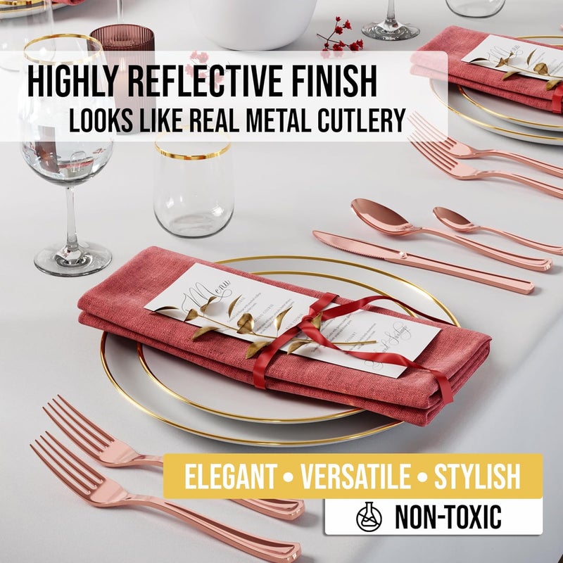Exquisite Rose Gold Plastic Knives Heavy Duty 160 Pcs Rose Gold Plastic Silverware Heavy Duty Disposable Silverware Set | Disposable Knives Eating Utensils Sets Flatware Set For Parties & Events - Image 2