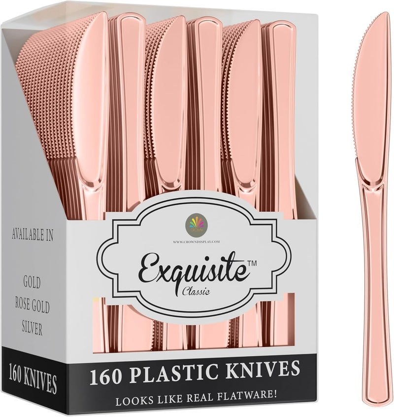 Exquisite Rose Gold Plastic Knives Heavy Duty 160 Pcs Rose Gold Plastic Silverware Heavy Duty Disposable Silverware Set | Disposable Knives Eating Utensils Sets Flatware Set For Parties & Events - Image 1