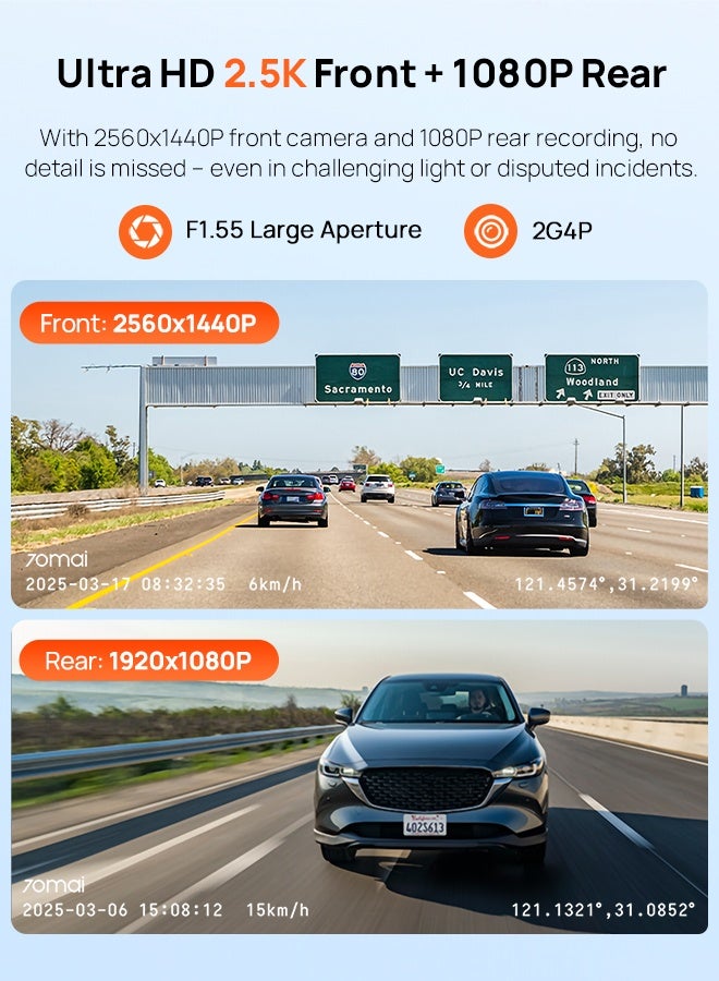 كاميرا داش A410-1 أمامية وخلفية، كاميرا مزدوجة بدقة 2.5K+1080P مع HDR، رؤية ليلية فائقة، فتحة F1.55، وضع وقوف السيارات 24 ساعة، واي فاي مدمج ونظام تحديد المواقع، مستشعر G، تسجيل متكرر - view 3
