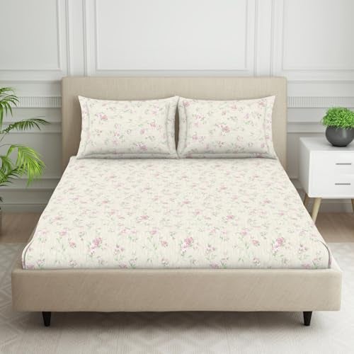 Welspun 120 TC Cotton Blend Bedsheet for Double Bed with 2 Pillow Cover | Skin Safe & Super Soft Queen Size Bed Sheet | (224 X 254 CM) - Floral Pink | Harmony - Image 1