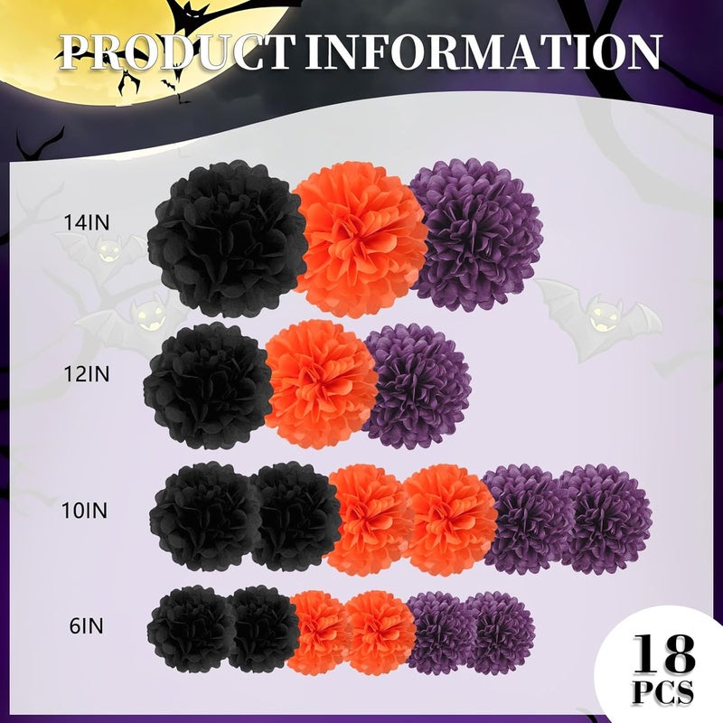 Zankubom 18 PCS Tissue Paper Pom Poms, Tissue Pom Poms Flowers, Sizes of 6", 10", 12", 14" Hanging Paper Flower Ball for Wedding, Birthday, Halloween, Party Decor (Black Orange Purple) - Image 2