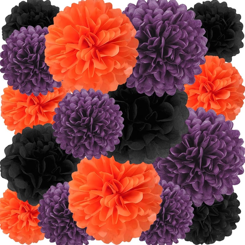 Zankubom 18 PCS Tissue Paper Pom Poms, Tissue Pom Poms Flowers, Sizes of 6", 10", 12", 14" Hanging Paper Flower Ball for Wedding, Birthday, Halloween, Party Decor (Black Orange Purple) - Image 1