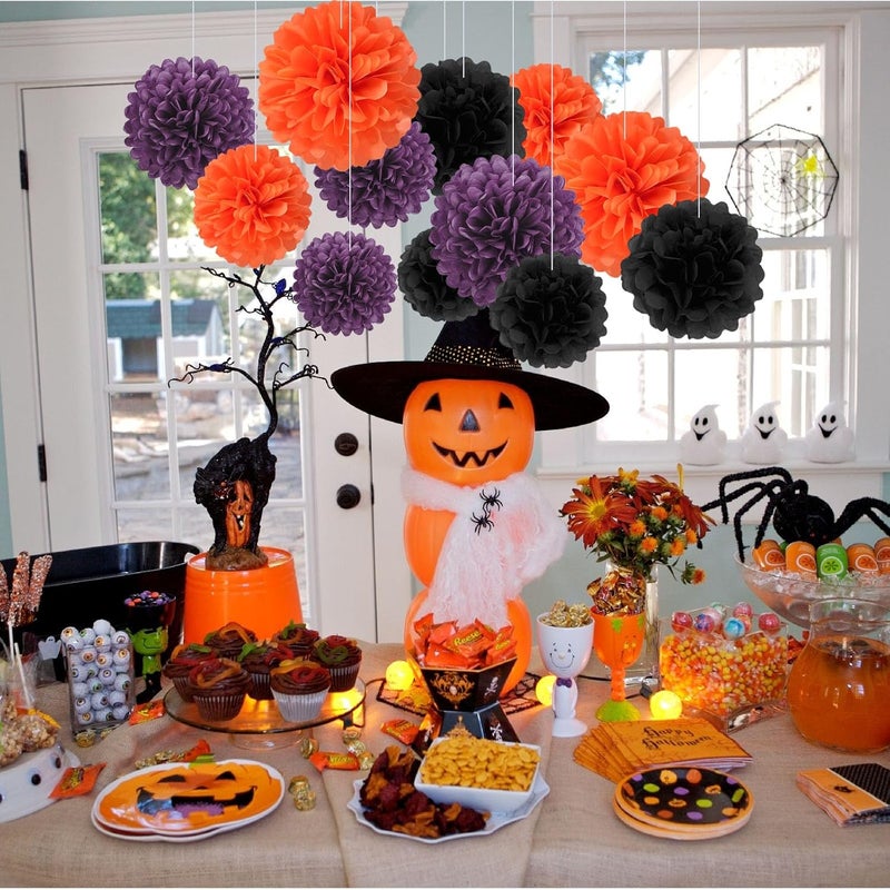 Zankubom 18 PCS Tissue Paper Pom Poms, Tissue Pom Poms Flowers, Sizes of 6", 10", 12", 14" Hanging Paper Flower Ball for Wedding, Birthday, Halloween, Party Decor (Black Orange Purple) - Image 4