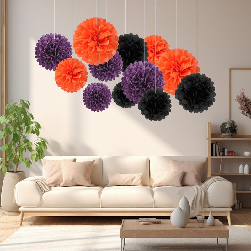 Zankubom 18 PCS Tissue Paper Pom Poms, Tissue Pom Poms Flowers, Sizes of 6", 10", 12", 14" Hanging Paper Flower Ball for Wedding, Birthday, Halloween, Party Decor (Black Orange Purple) - Image 5